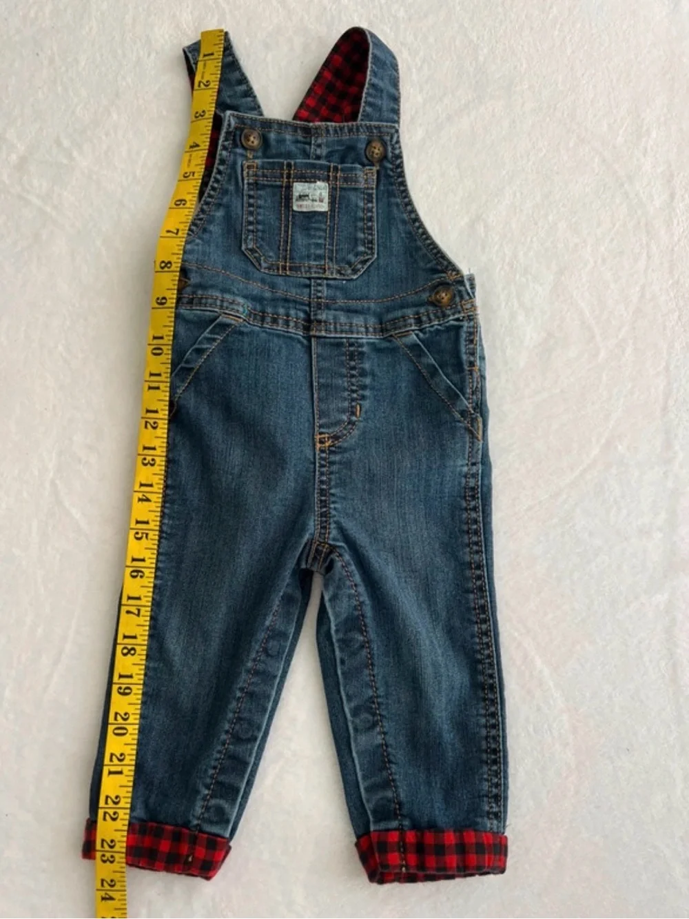 Carter's Kid Denim Overalls with Red Plaid Lining 9 Months